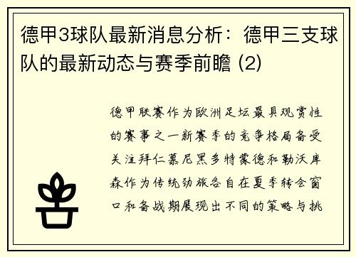 德甲3球队最新消息分析：德甲三支球队的最新动态与赛季前瞻 (2)