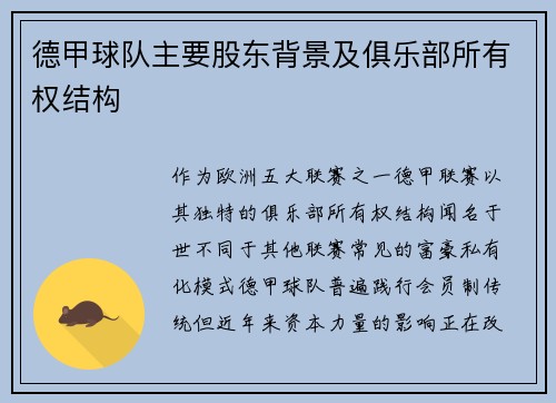 德甲球队主要股东背景及俱乐部所有权结构